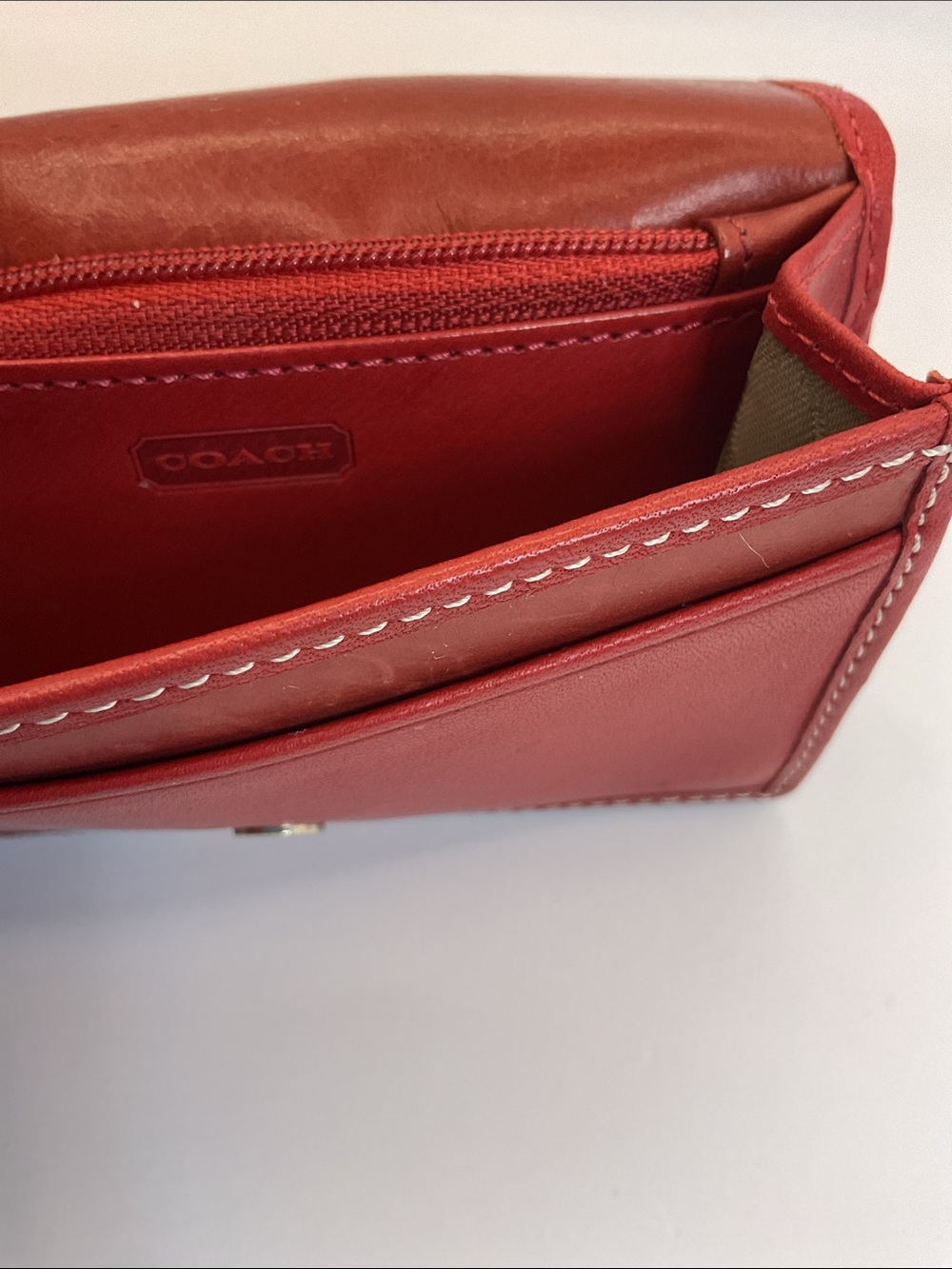 Coach Red Leather Trifold Wallet with Contrast Stitching - Picture 5 of 9